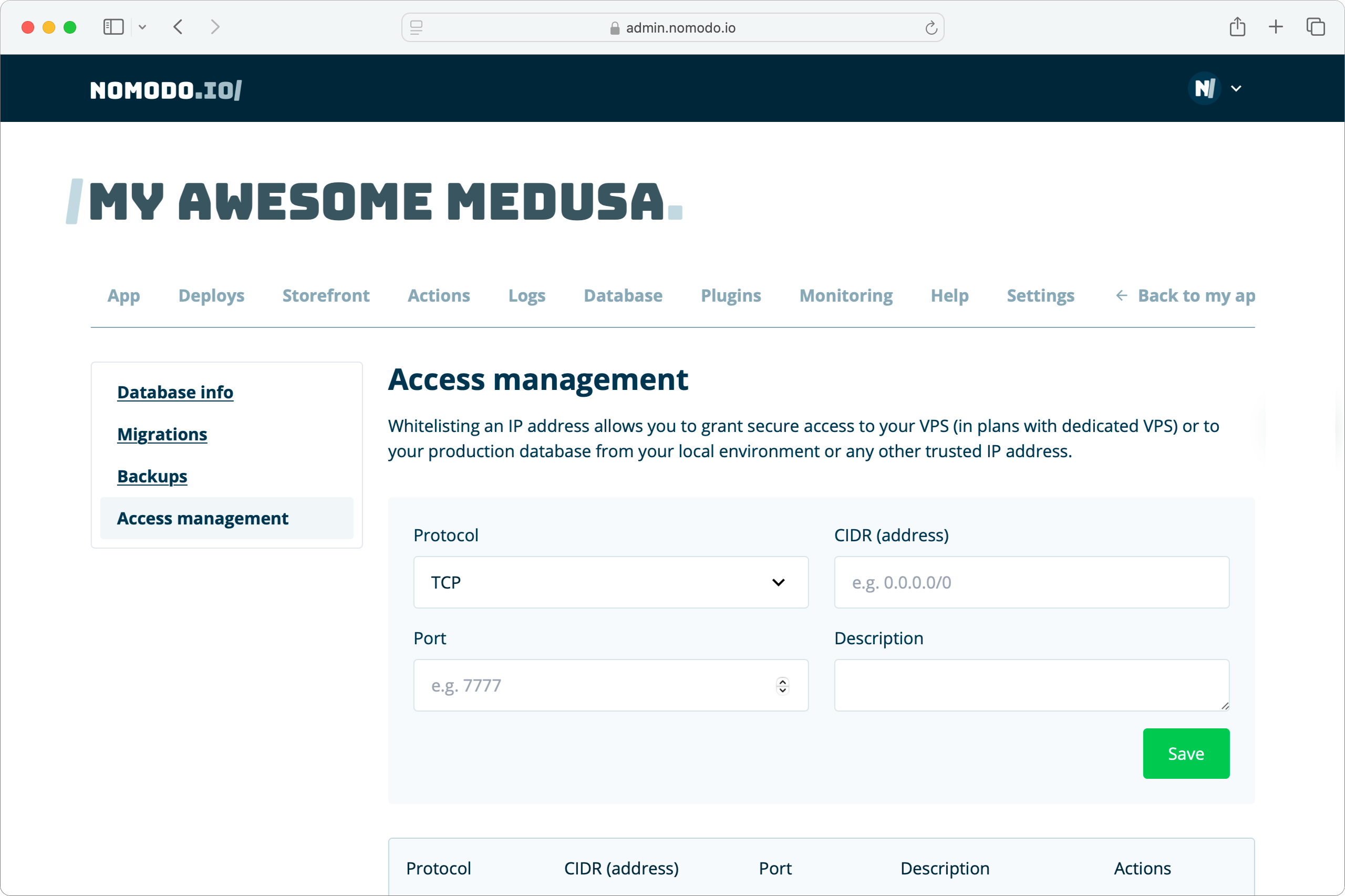 MedusaJS Database access management tab