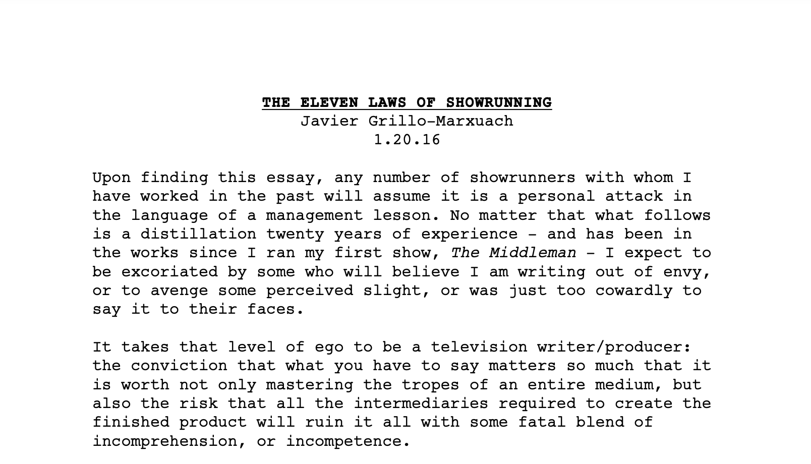The 11 Laws of Showrunning: Javier Grillo-Marxuach's Essay on Why Your Creative Process Is Killing Your TV Show