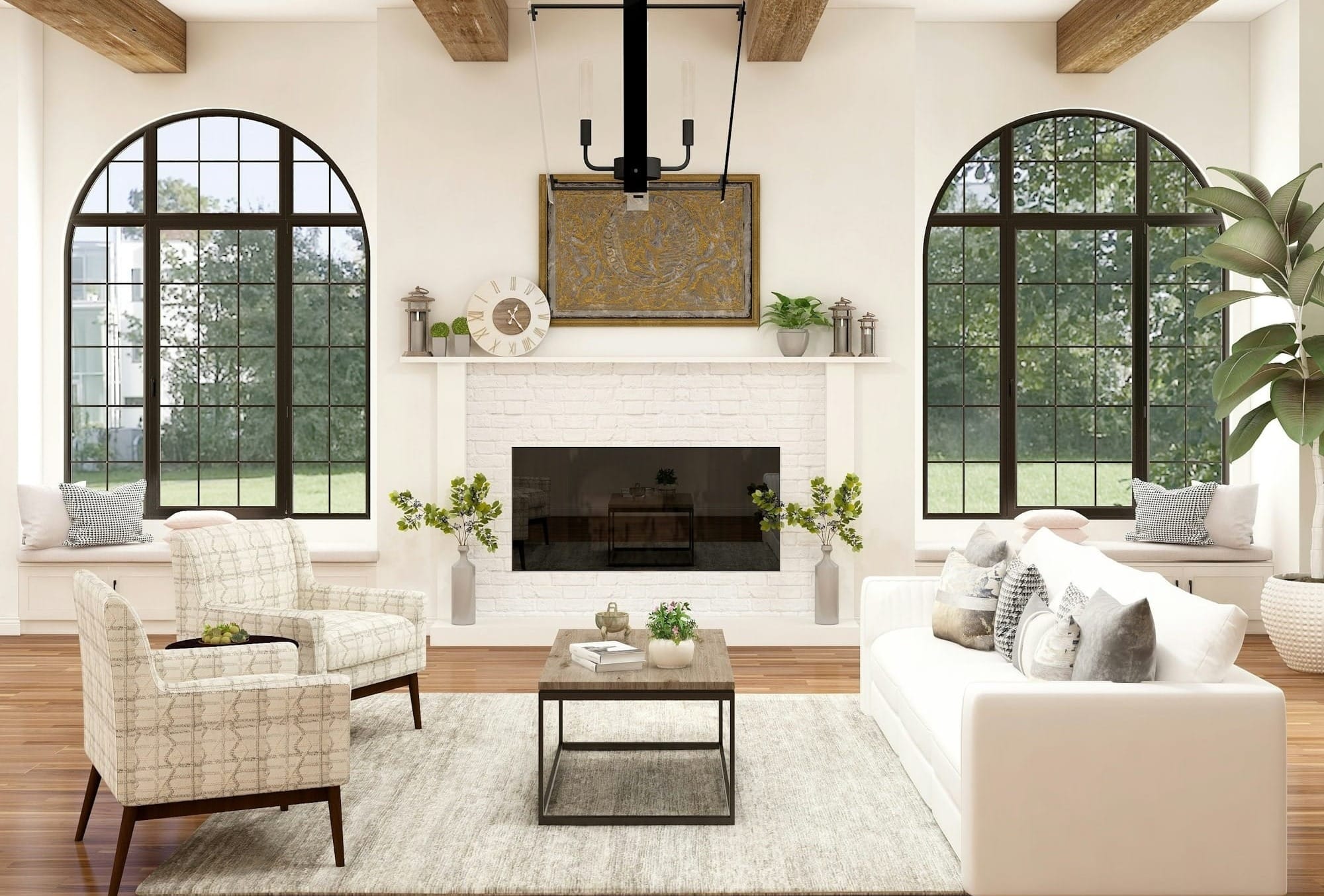 white sofa chair near fireplace