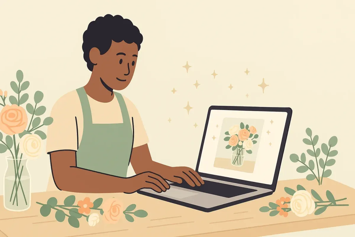 Florist in a green apron using a laptop at a flower-filled workbench.