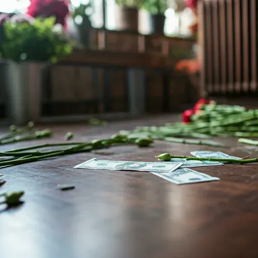 Flower stems and dollar bills scattered across a floral studio floor.