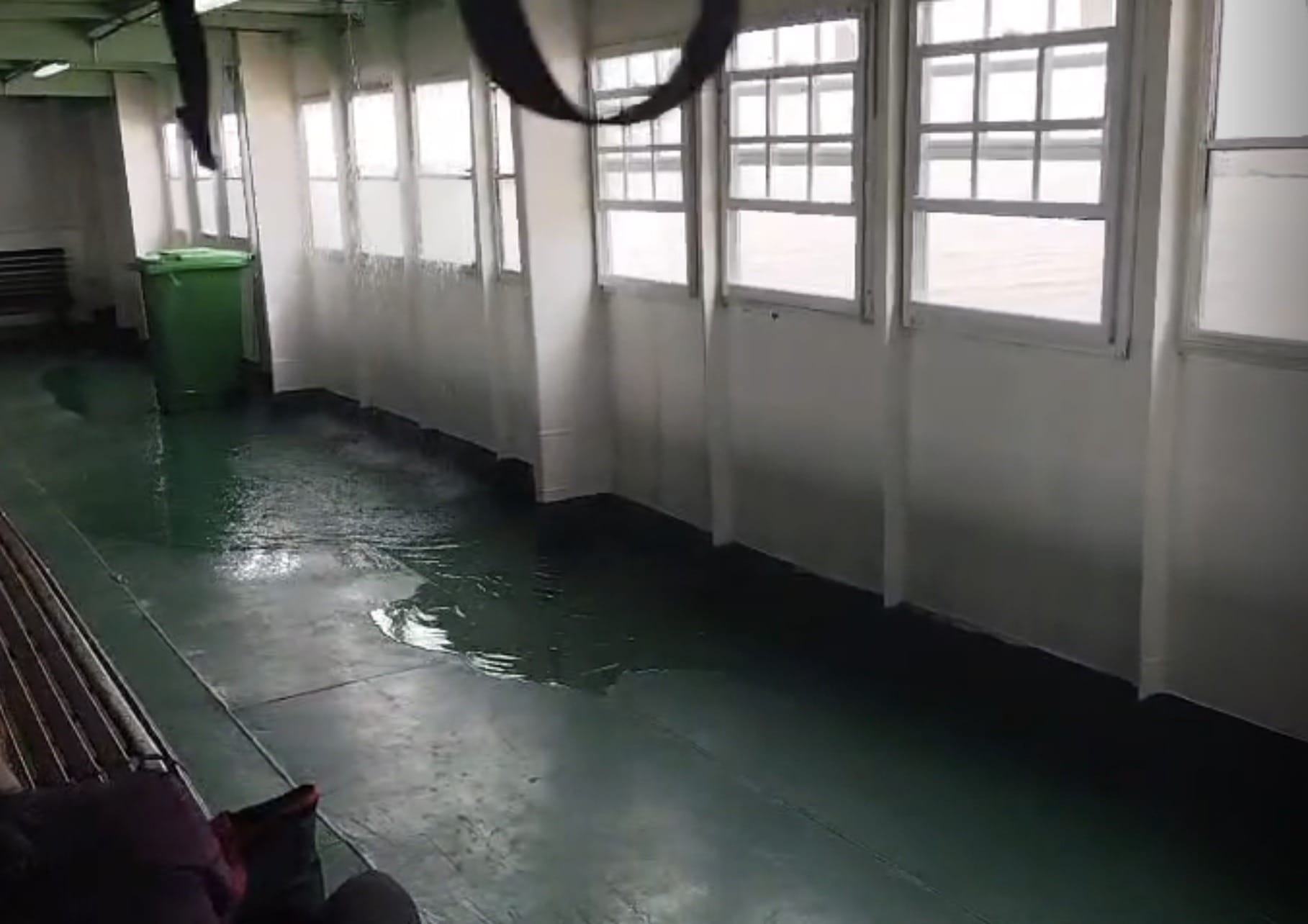 Water running across the passenger saloon of the MV Makouria at Bartica, 7 August 2026.