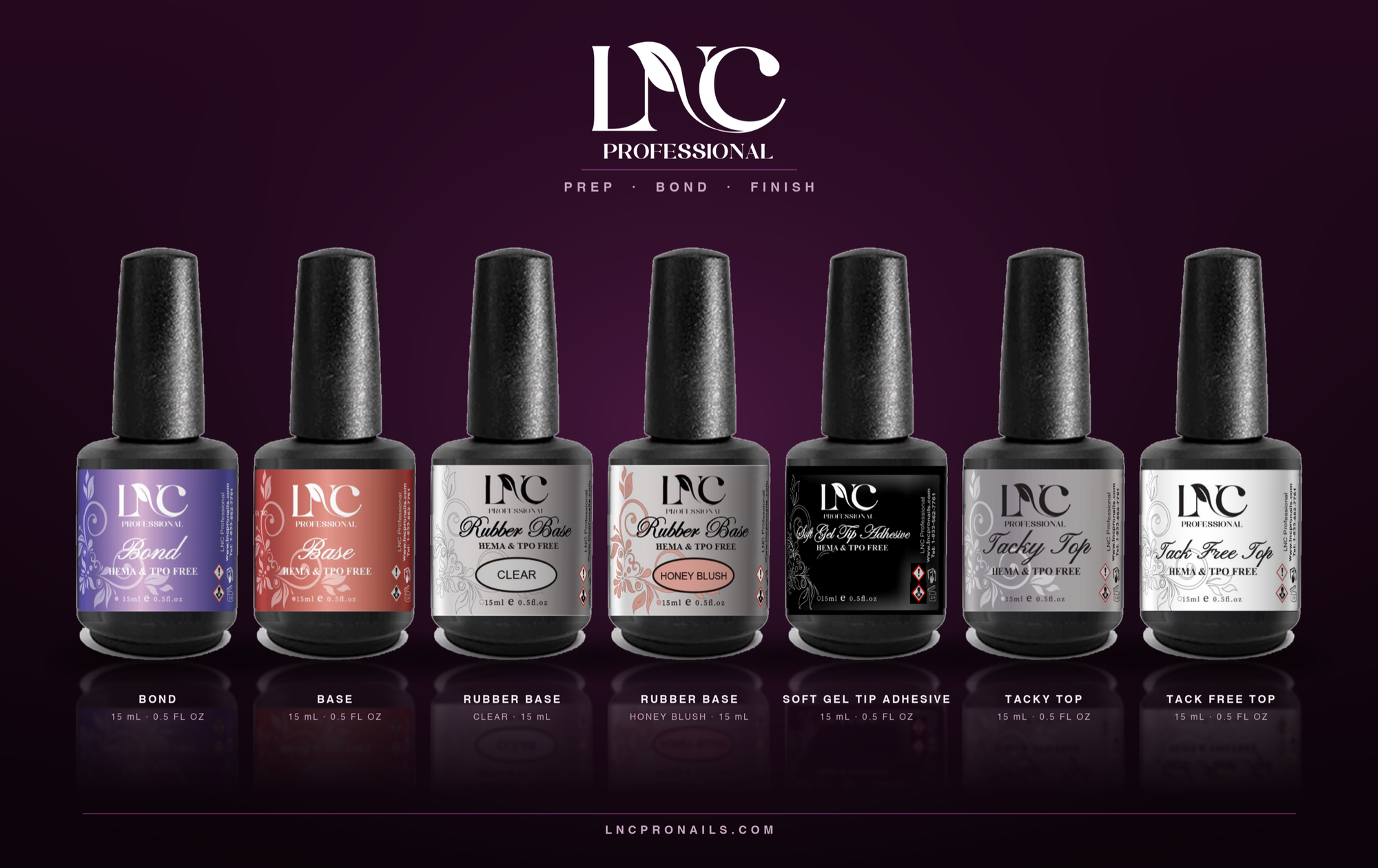 LNC Professional's prep, bond and finish gel liquid range, seven products at 15ml each. Every label carries the HEMA and TPO exclusion individually. Image supplied by LNC Professional.