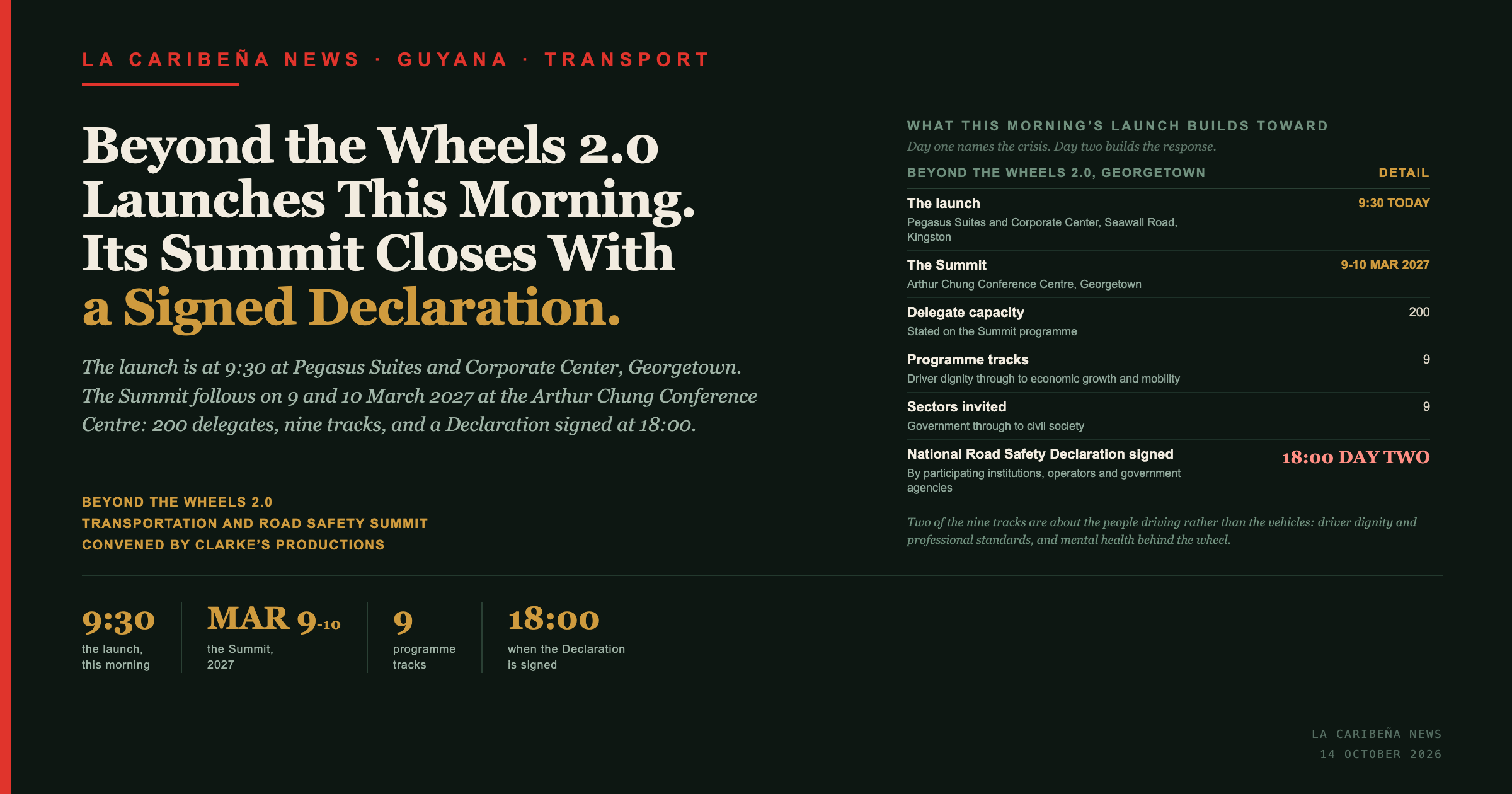 Title card: Beyond the Wheels 2.0 launches this morning in Georgetown, building toward a Transportation and Road Safety Summit in March 2027.