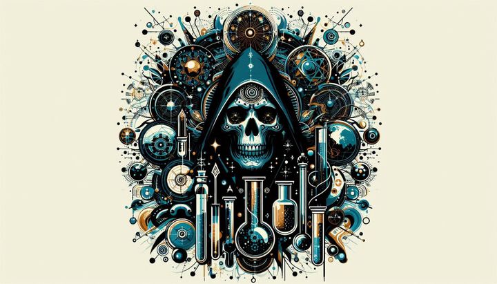 A skull of a wizard surrounded by various magic symbols and test tubes