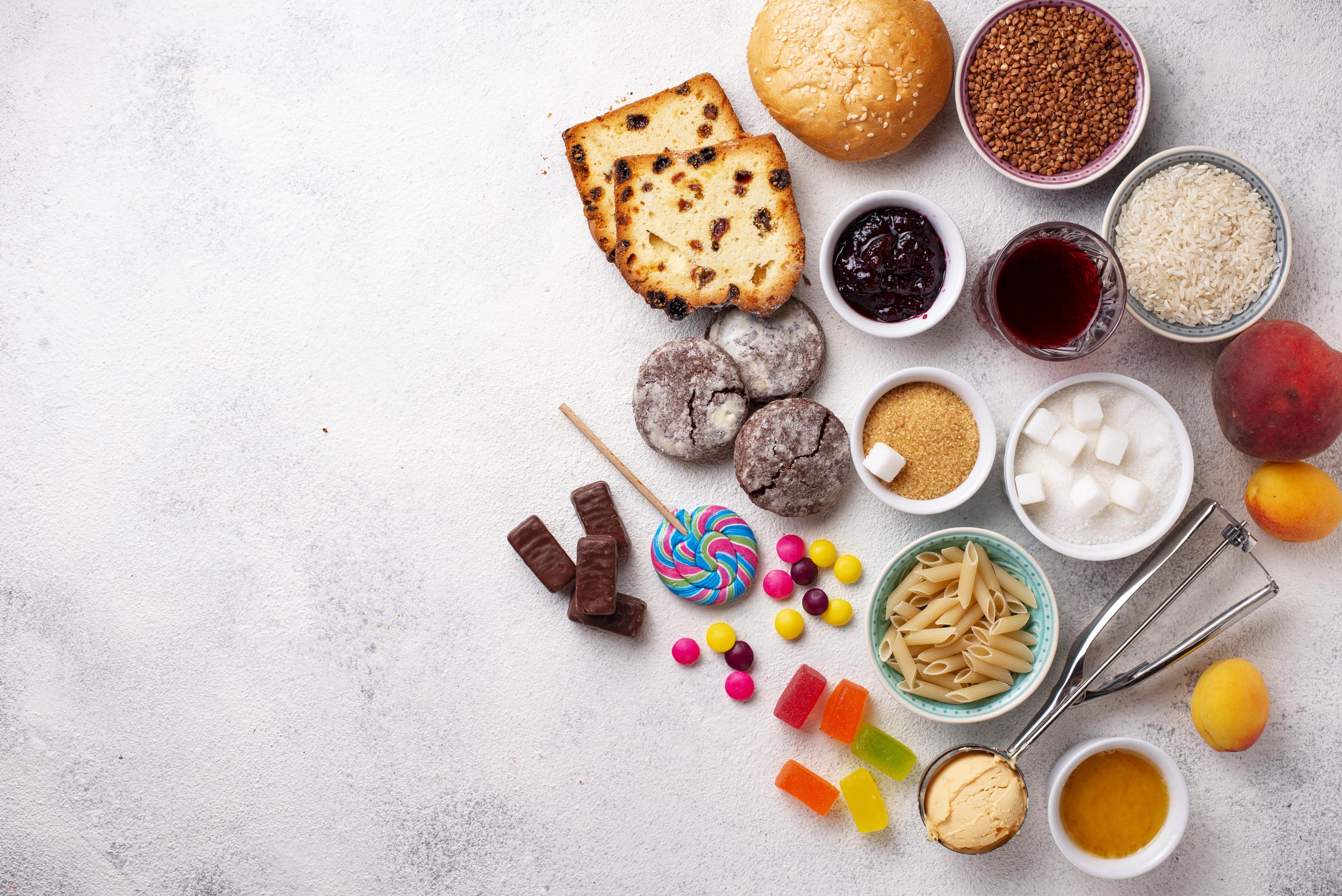 Assortment of simple carbohydrates foods