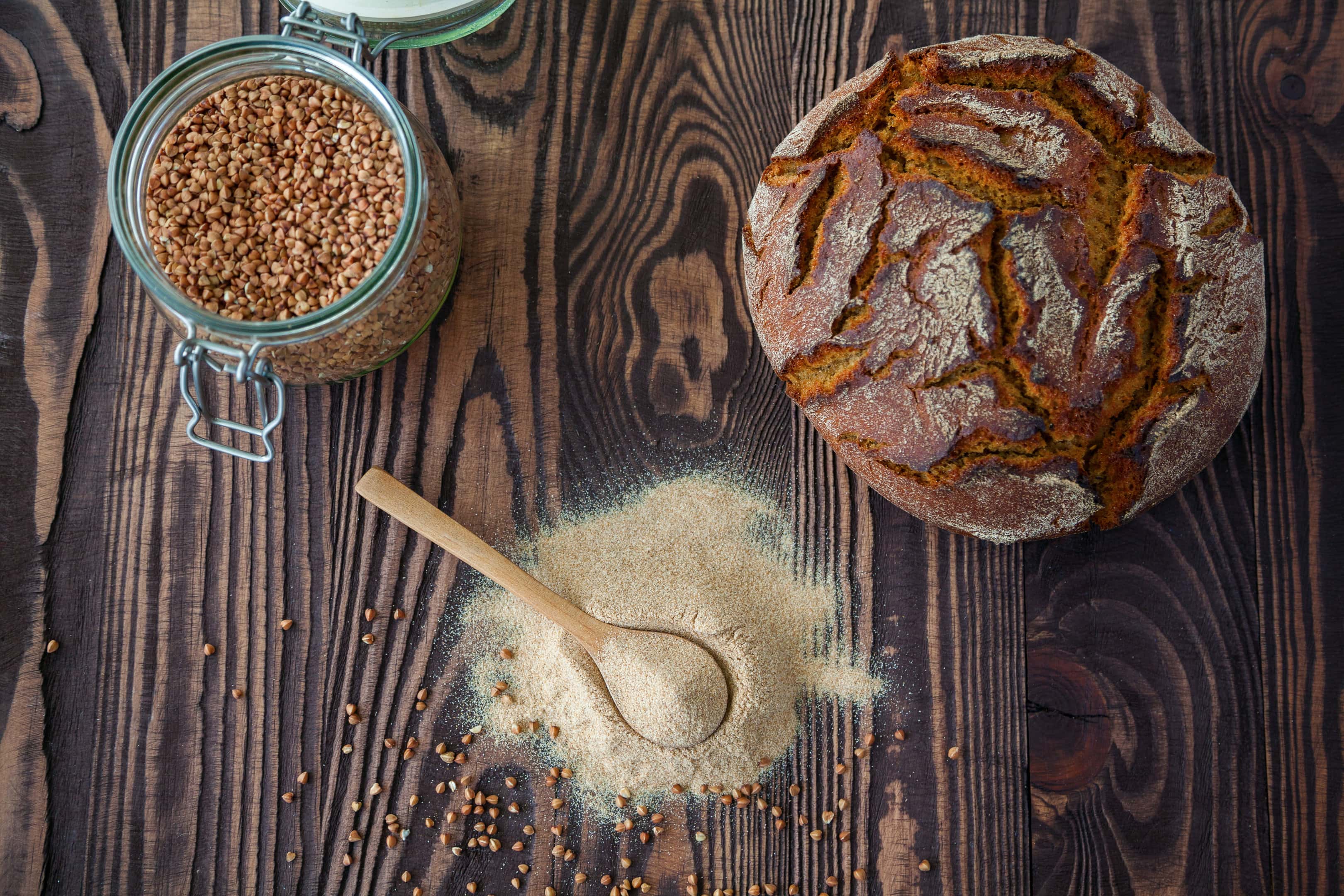 Buckwheat flour and buckwheat grains and buckwheat bread