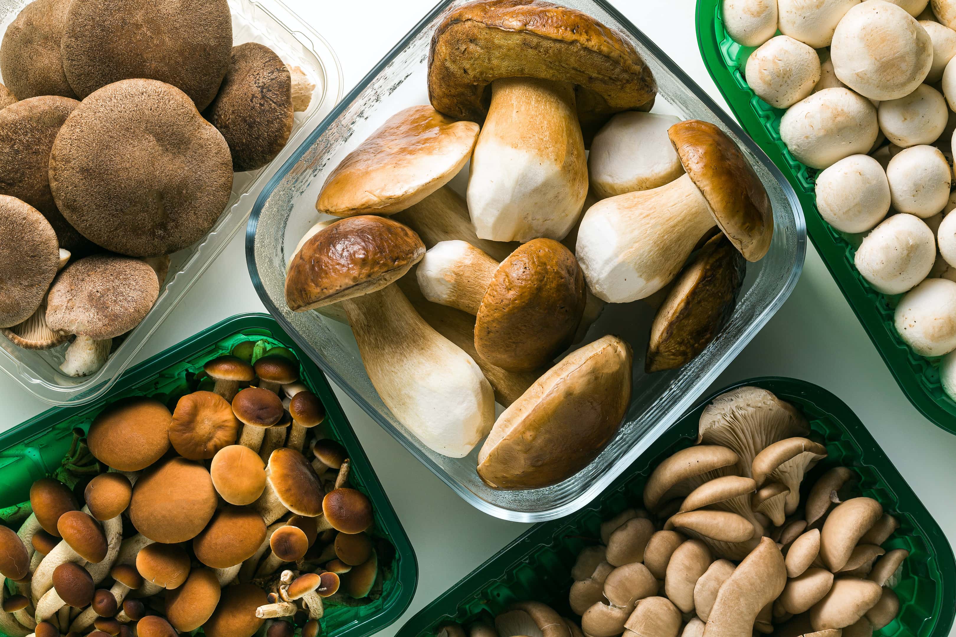 Different Types Fresh Mushrooms in Plastic Packaging on White Table
