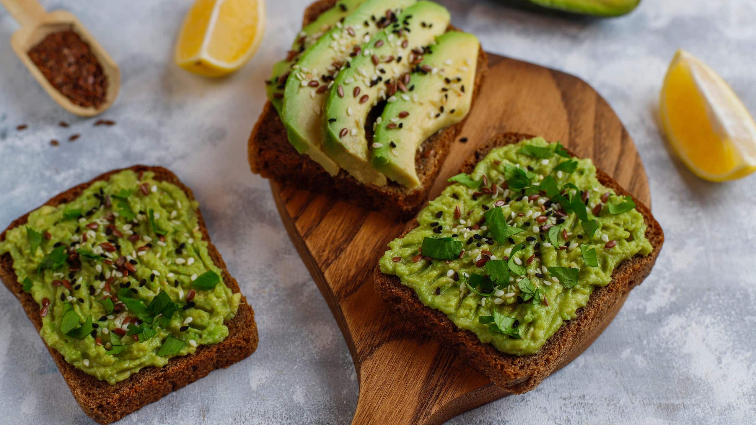 Avocado toast with flax seeds, and sesame seeds