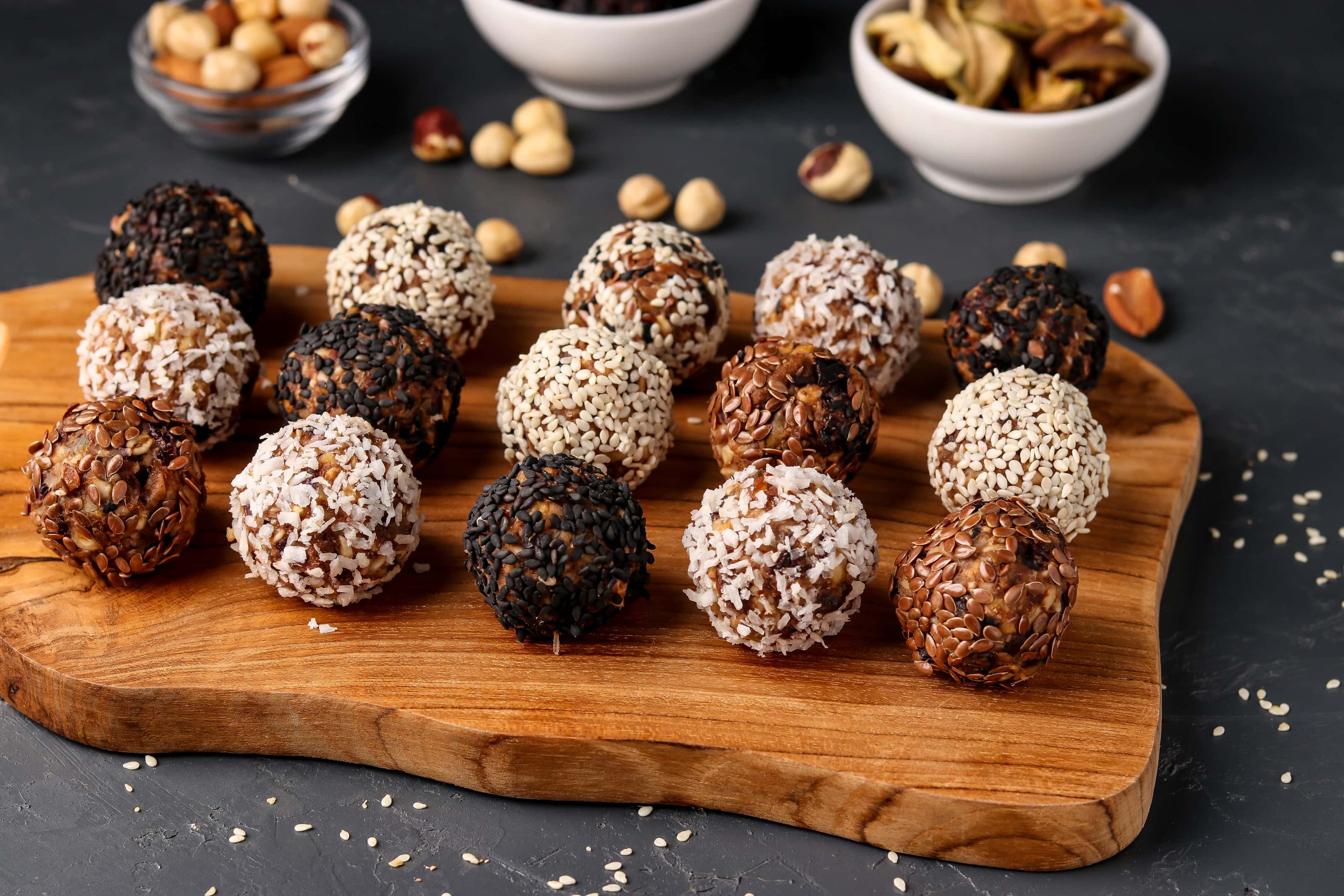 Energy balls of nuts, seeds, oatmeal and dried fruit