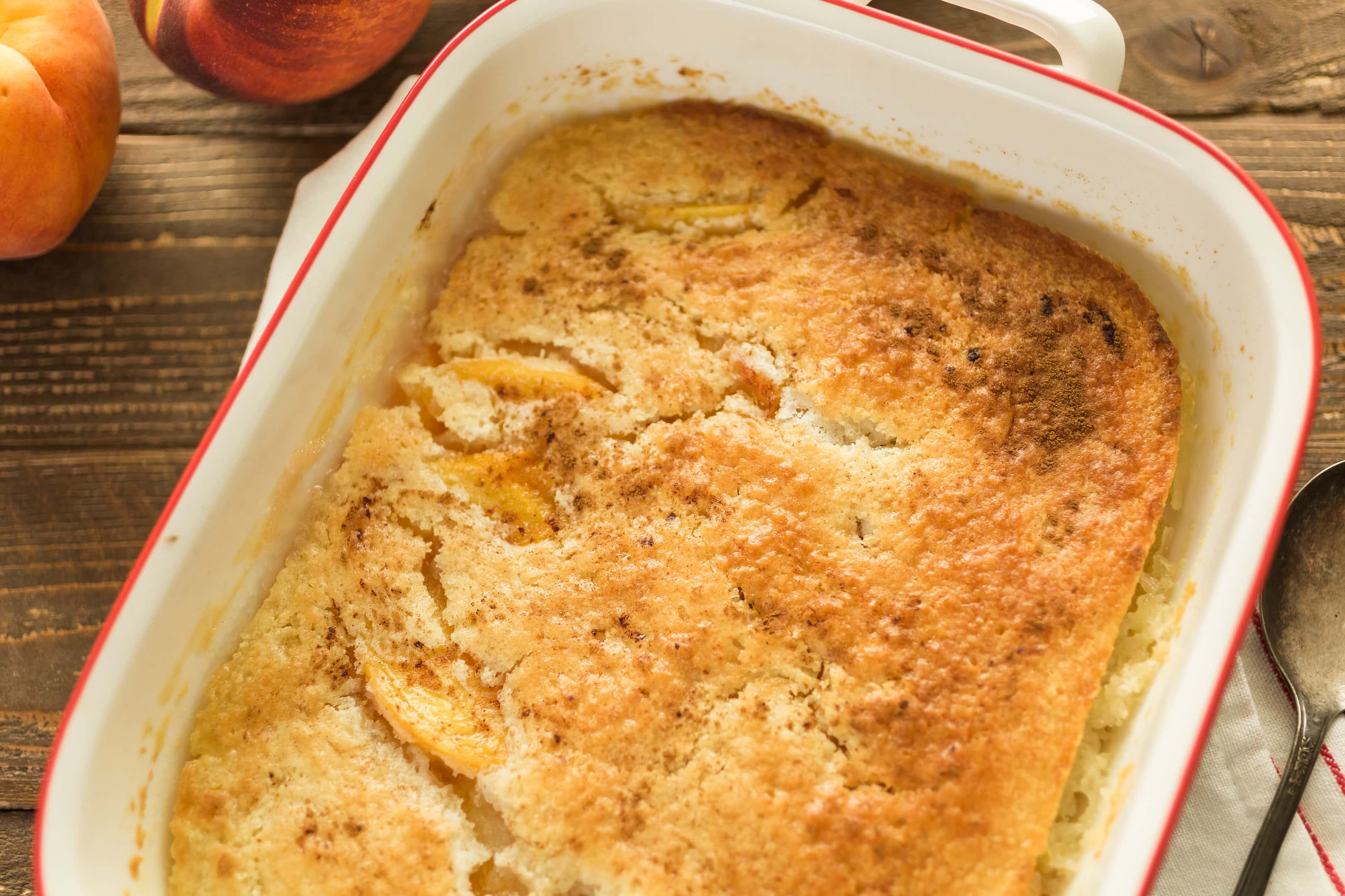 Freshly baked peach cobbler with canned peaches