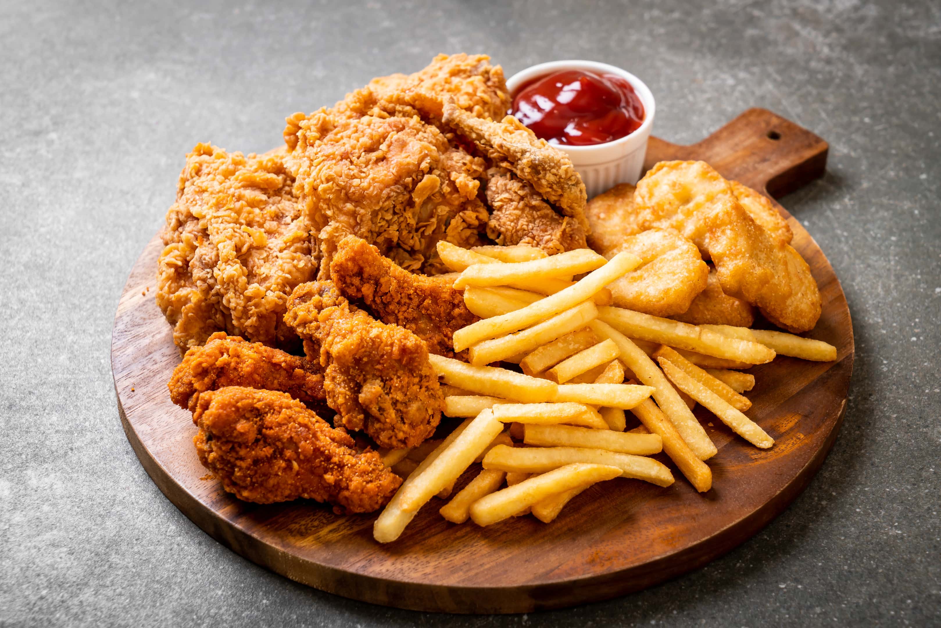 Fried chicken, nuggets and French fries