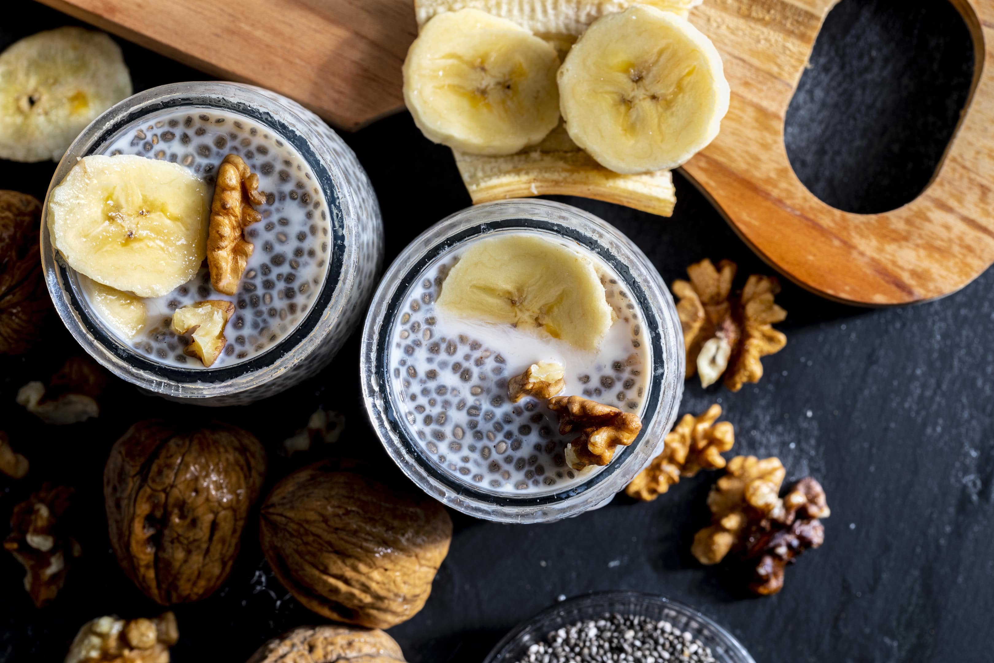 Chia seed pudding with fresh bananas and walnuts