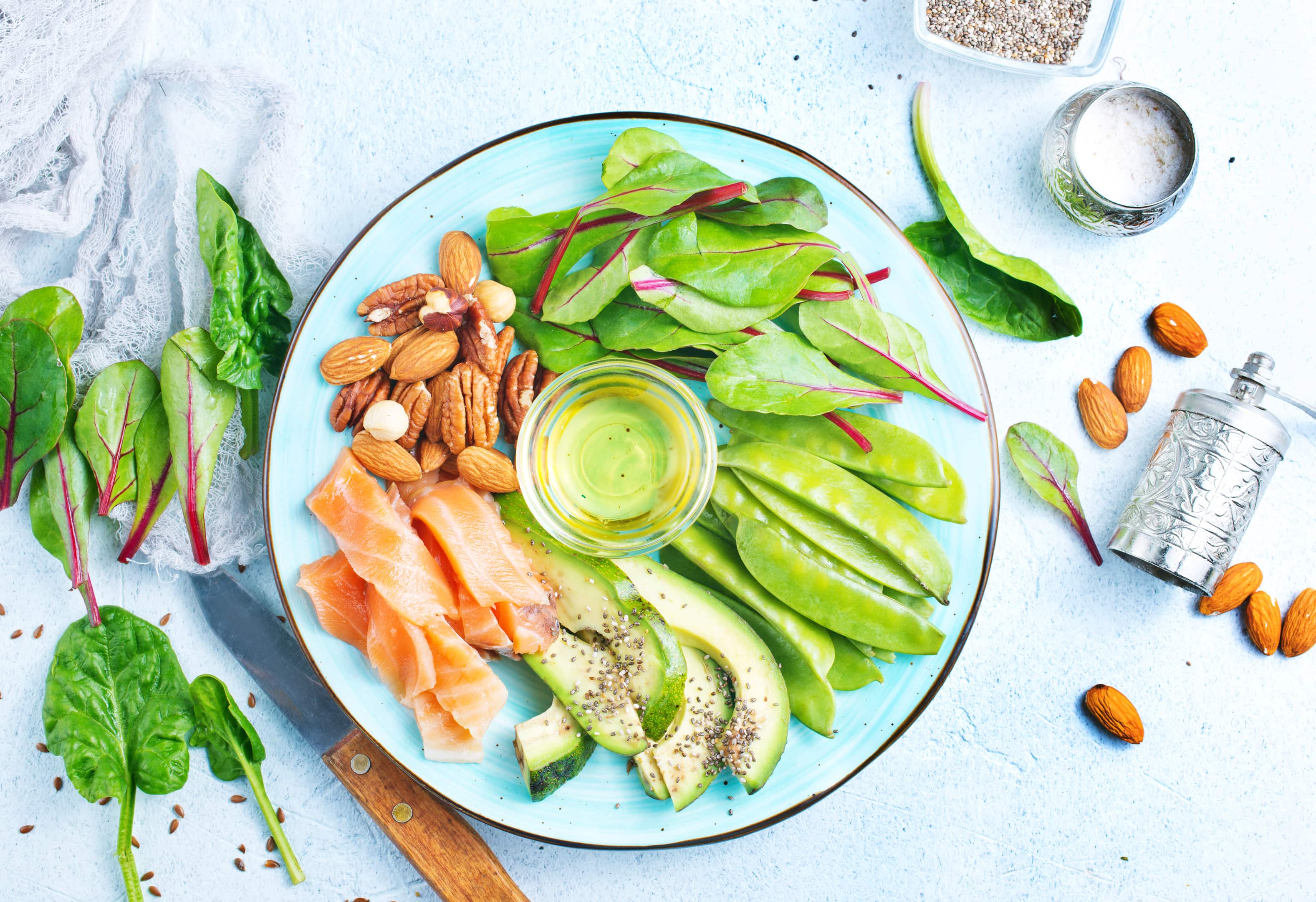 Healthy food antioxidant products: fish and avocado, nuts and fish oil