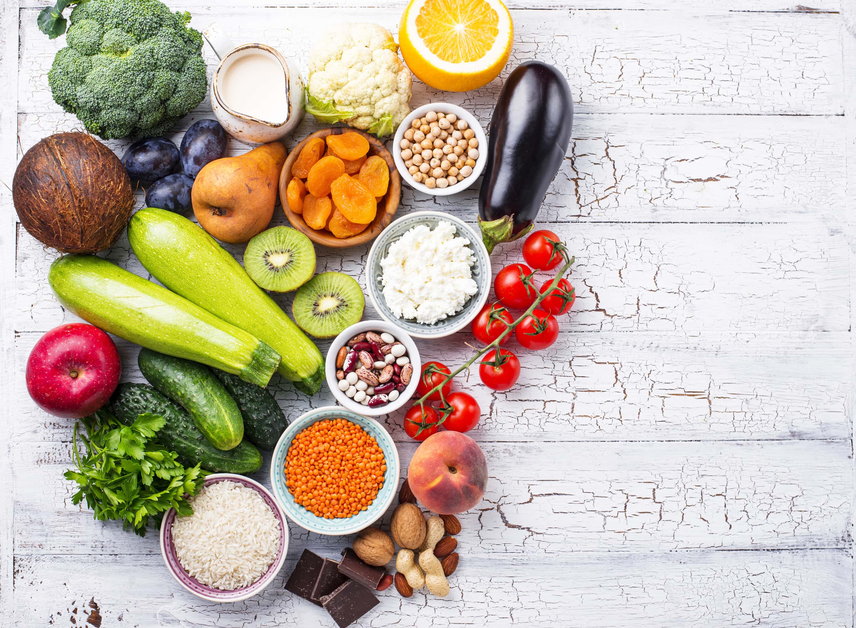 High in fiber food products on wooden table