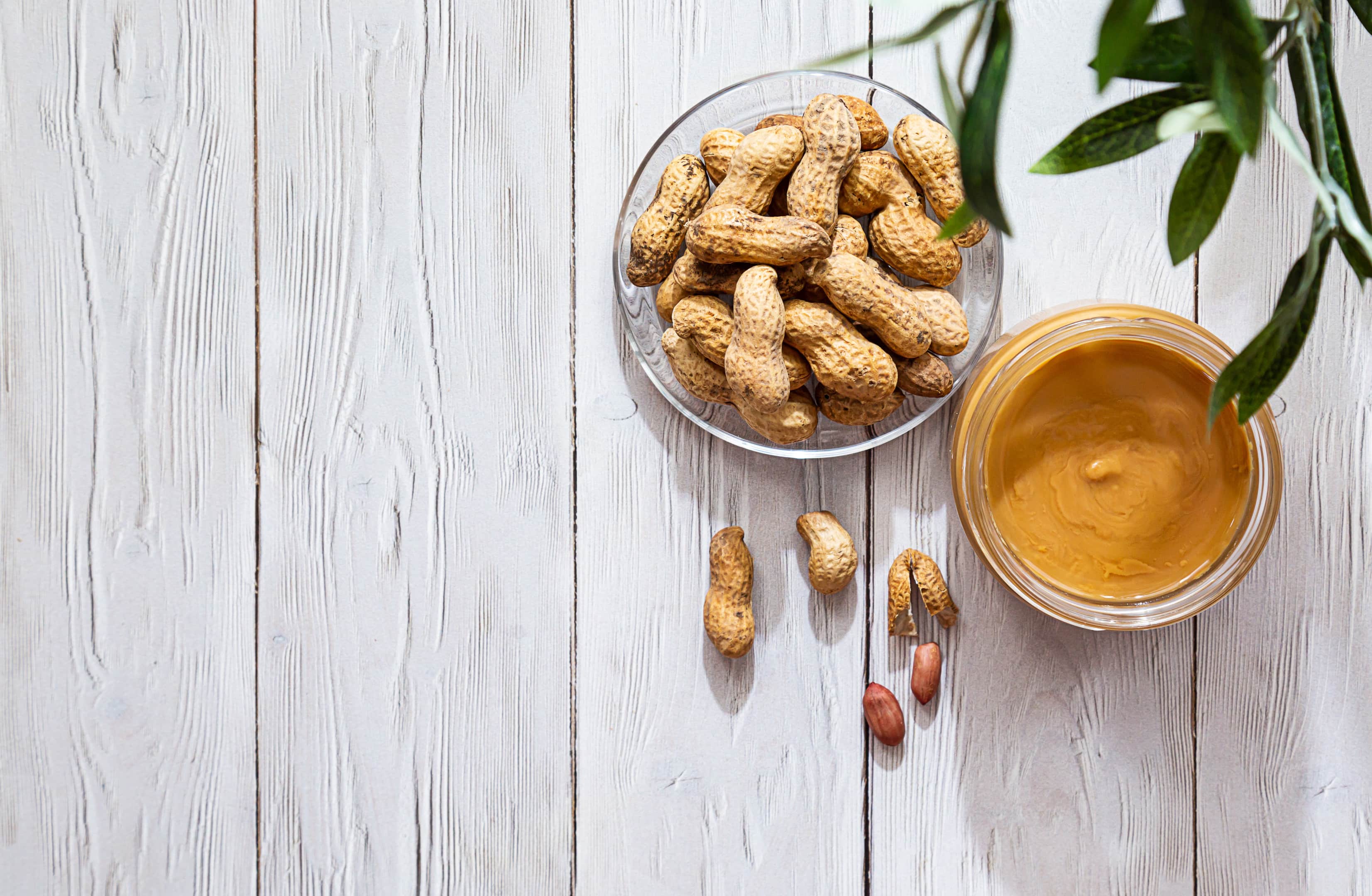 Homemade natural peanut butter with peanuts on wooden table