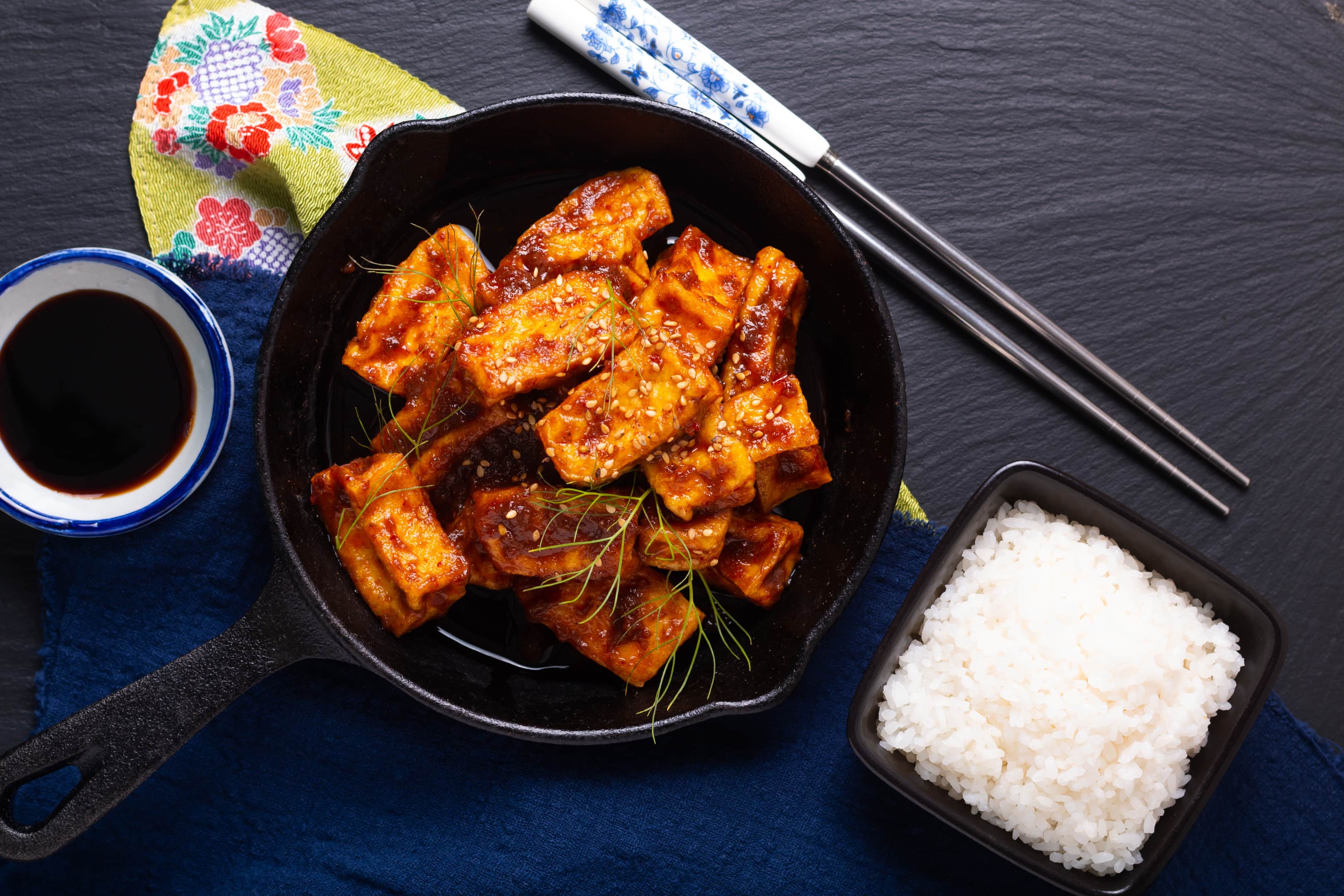 Stir fried tofu with spicy chili sauce served with rice