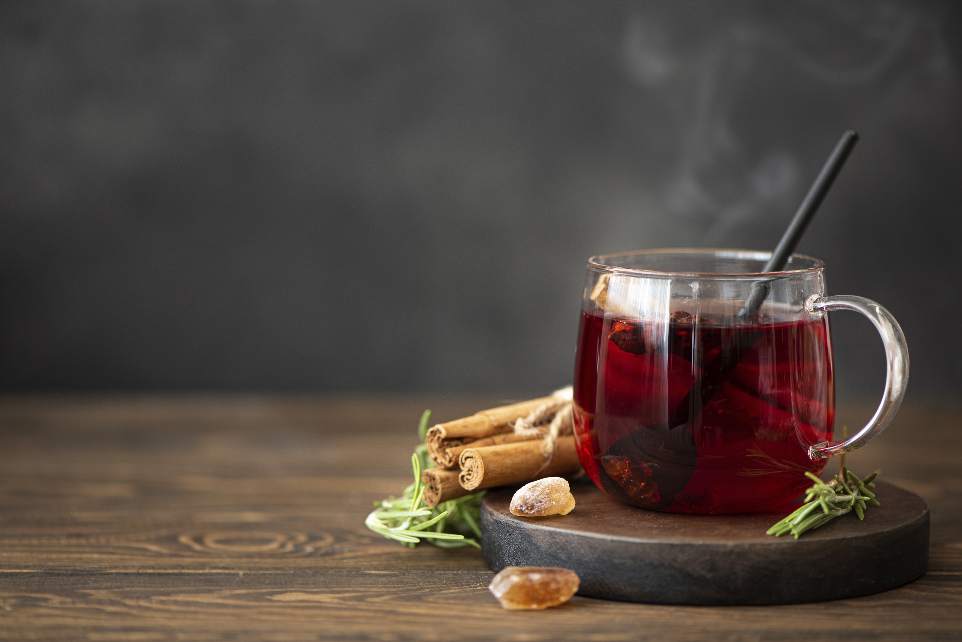 Hot hibiscus tea with cinnamon and sugar