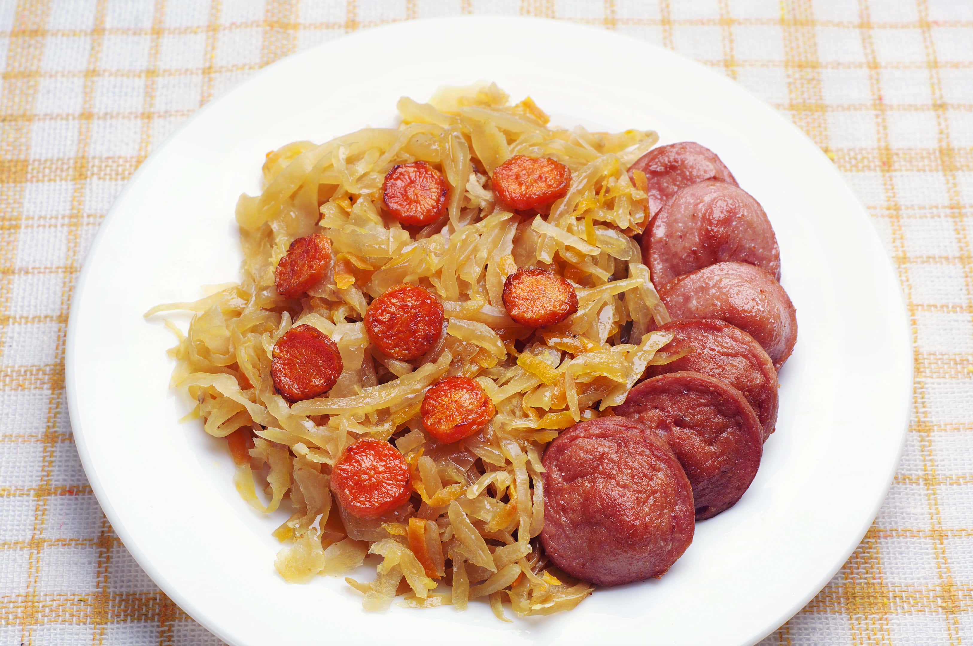 Kielbasa and sauerkraut with mini hotdog topping
