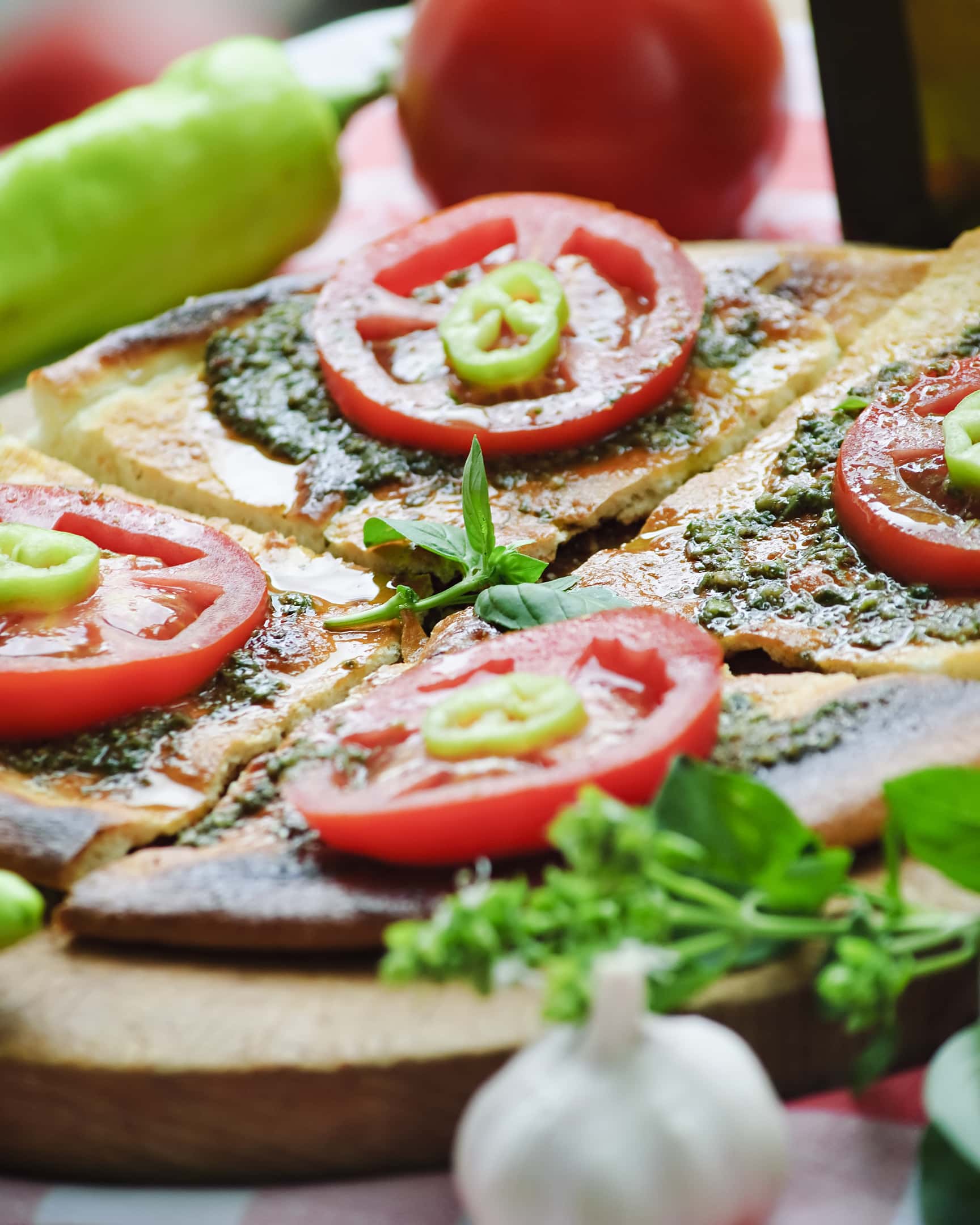 Typical mediterranean cuisine- tomato, basil, garlic and olive oil