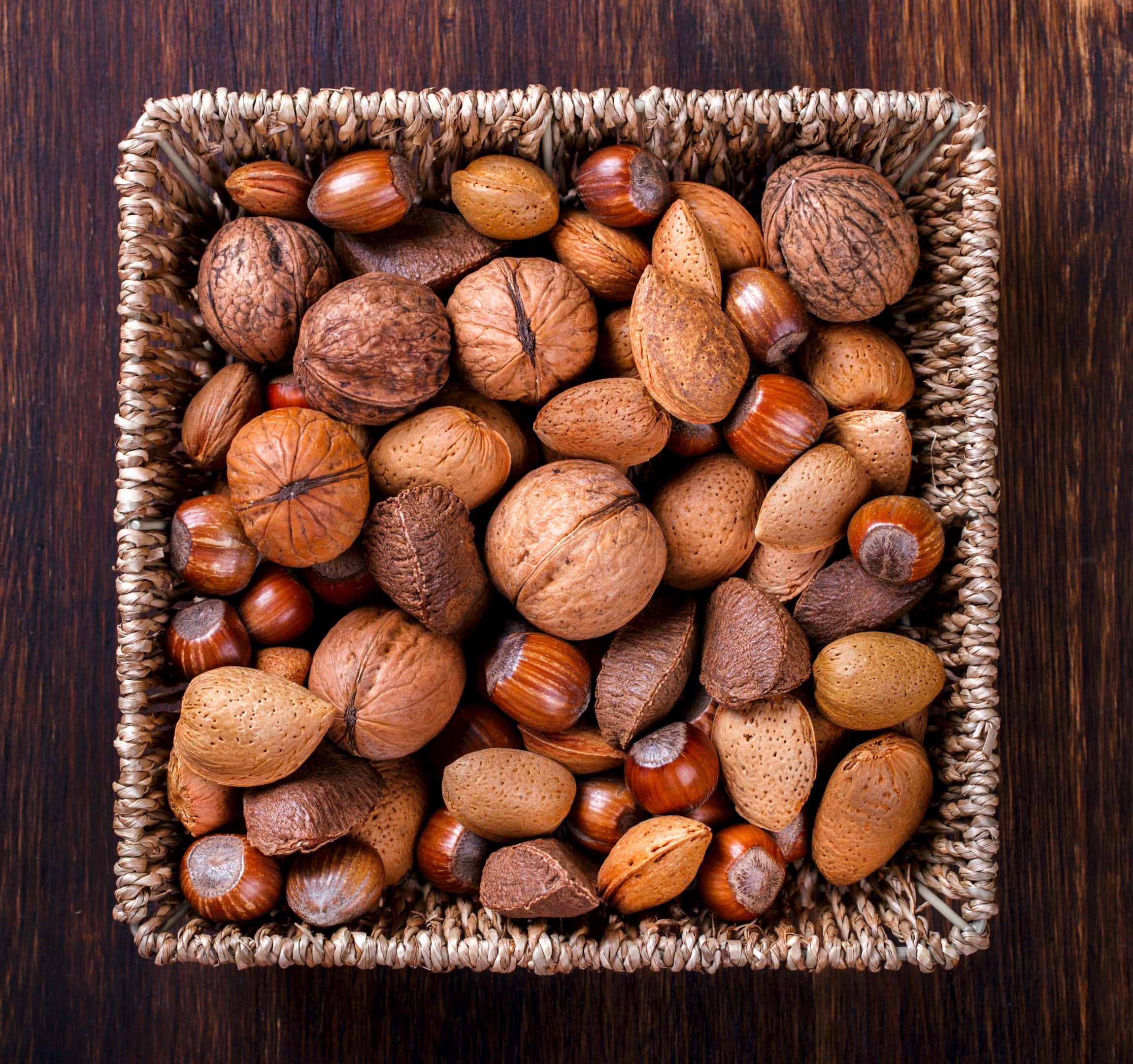 Mixed nuts basket, walnuts and brazil nuts.