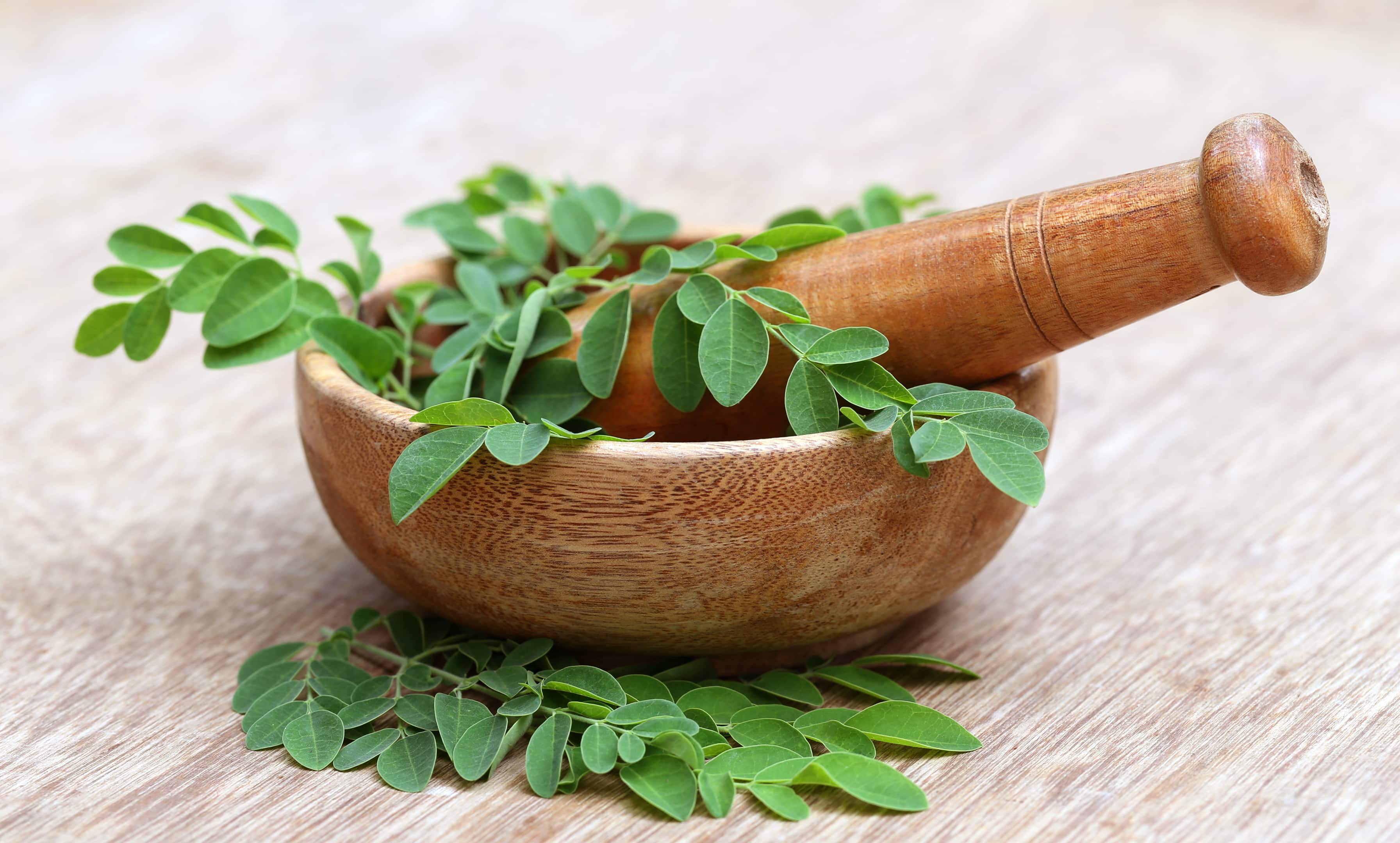 Moringa leaves in a mortar
