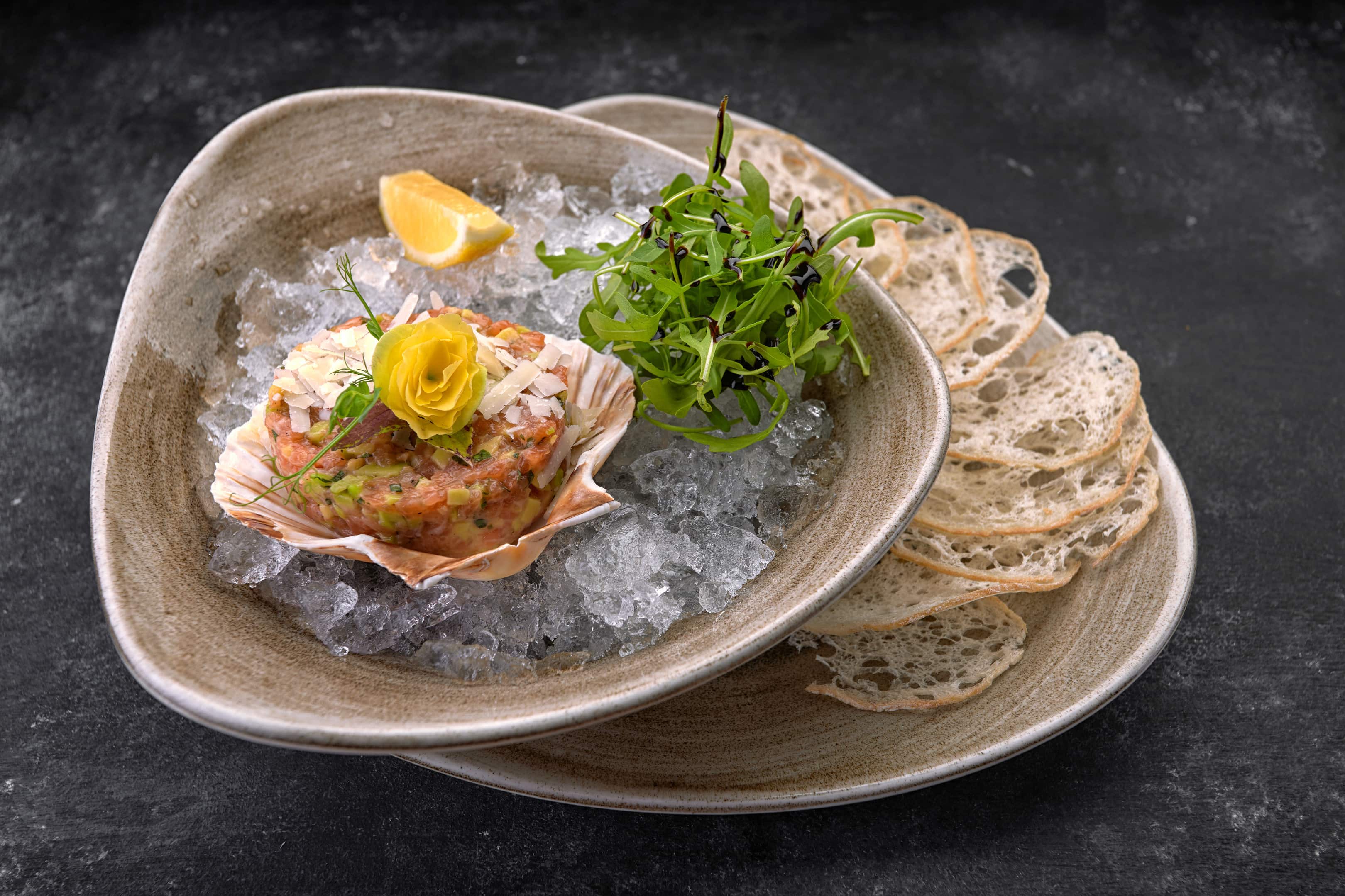Salmon tartare with oysters, avocado, bread chips and champagne vinegar