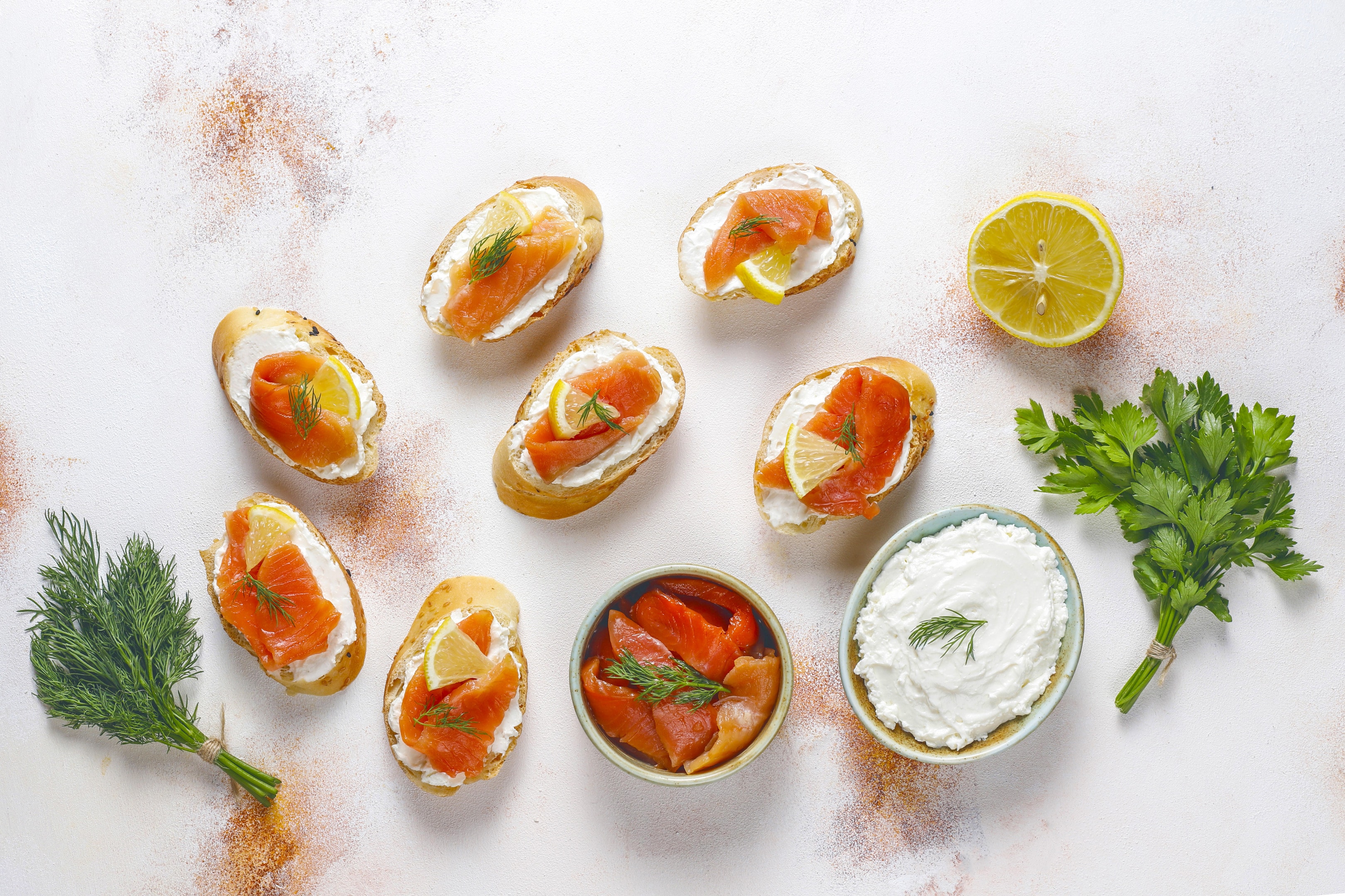 Sandwiches with smoked salmon, cream cheese, dill and sherry vinegar