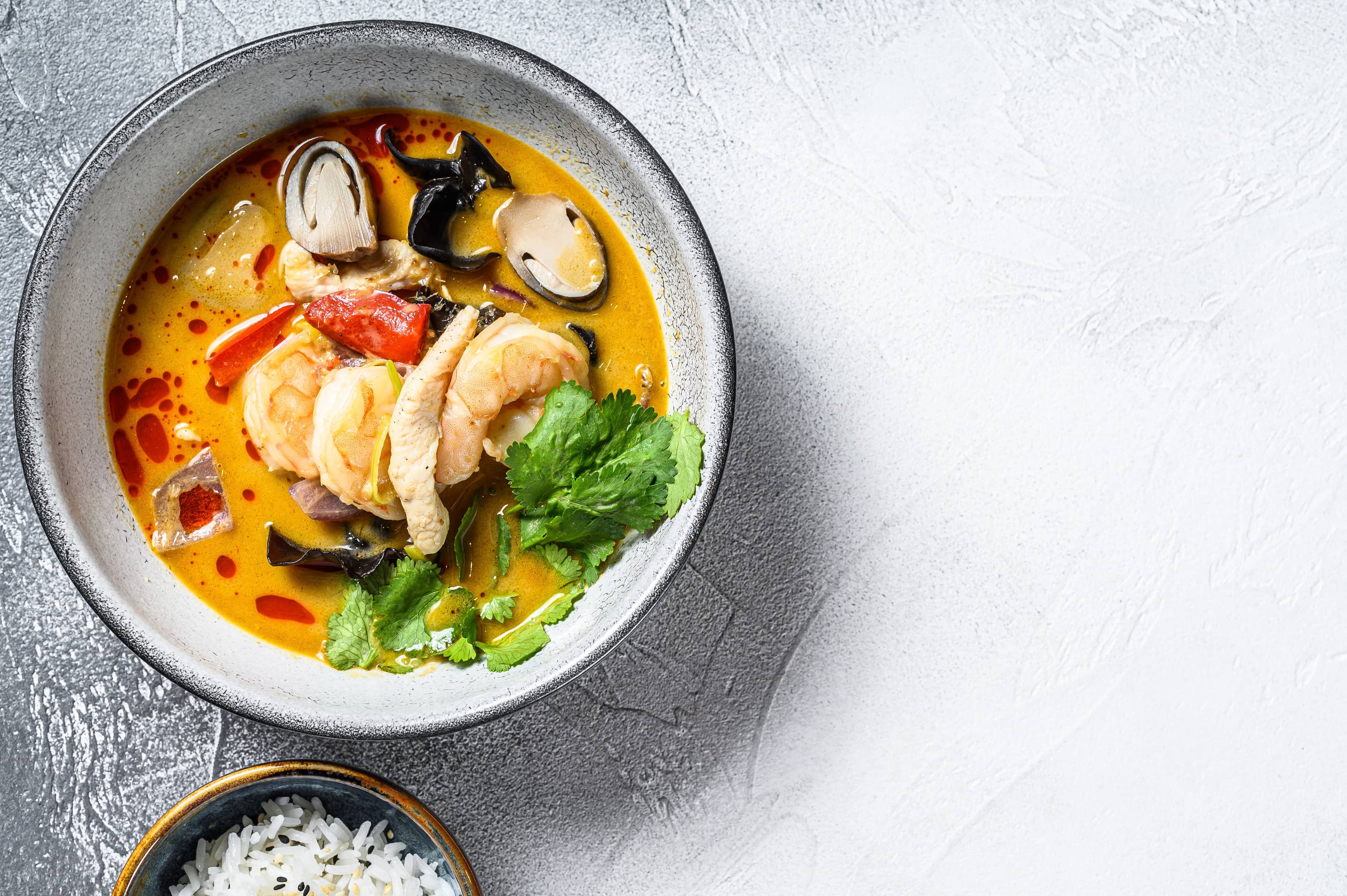 Top view of spicy tom yum soup