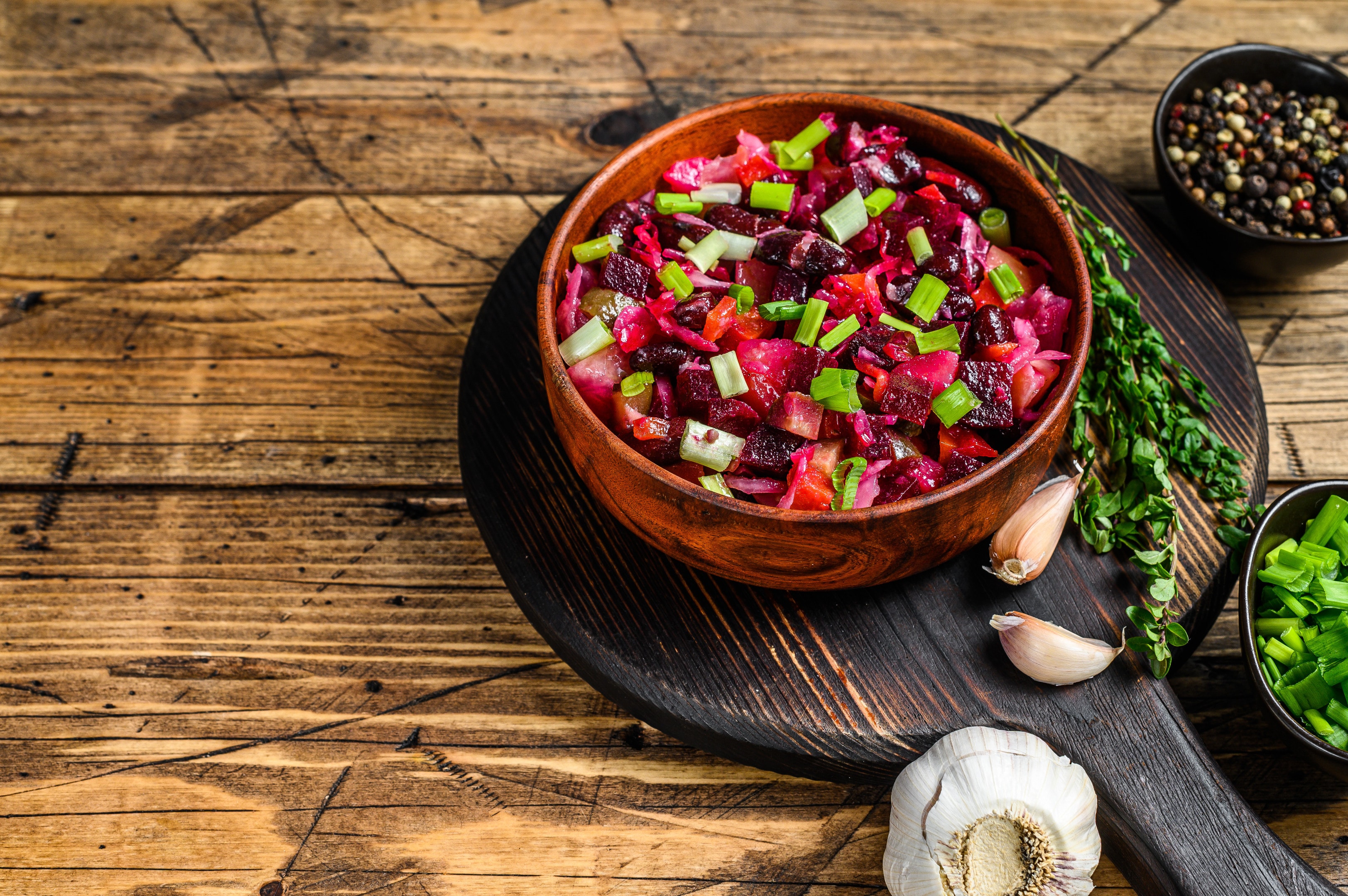 Traditional boiled vegetables Russian salad with white wine vinaigrette