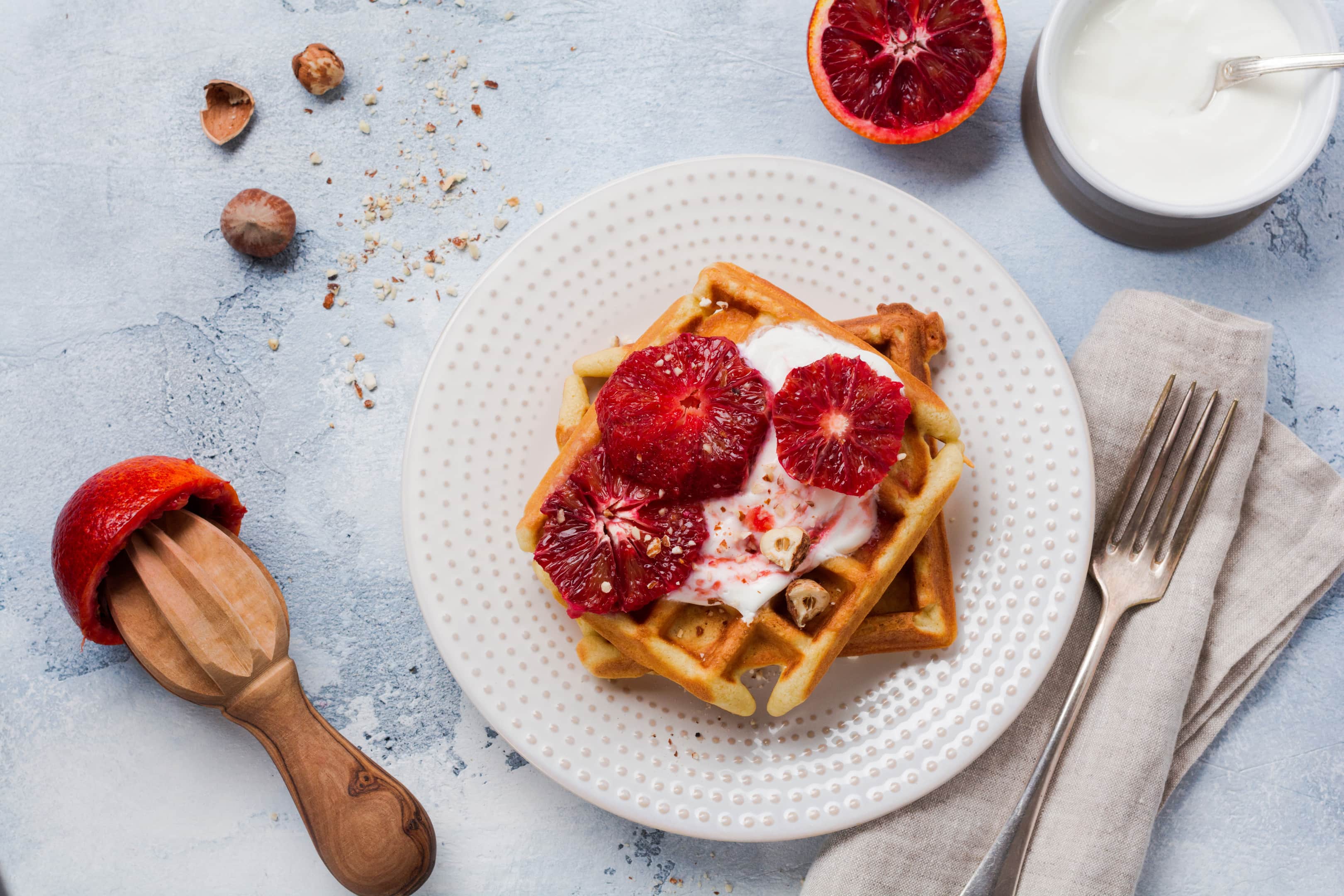 Waffles with yogurt and Sicilian red orange