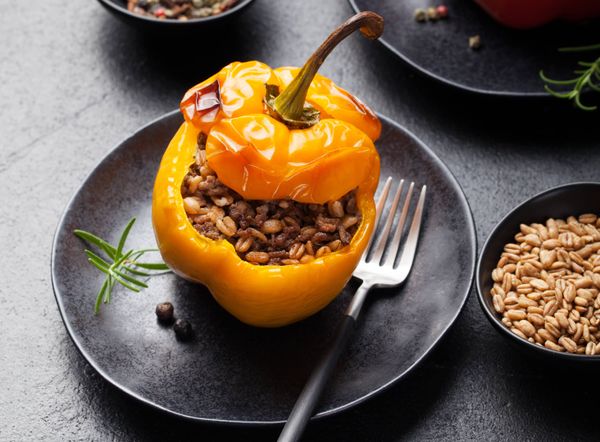 Baked stuffed bell peppers, spelt wheat, rice