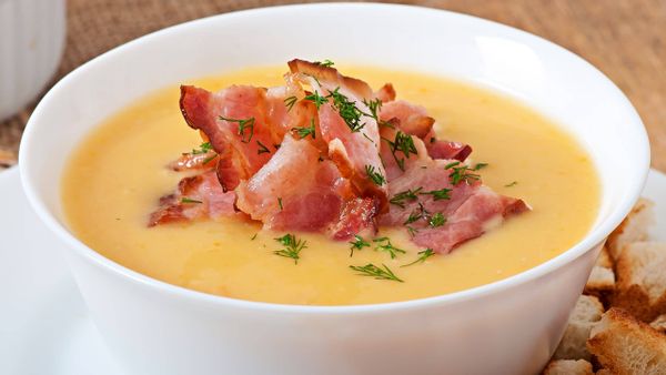 Creamy Rafferty's potato soup paired with fried bacon