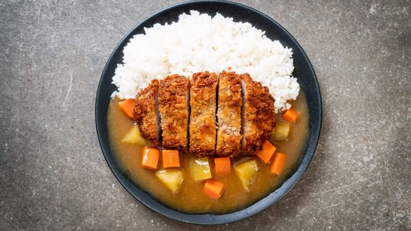 Crispy fried chicken cutlet with Coco's curry and rice
