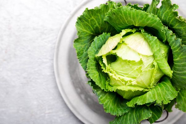 Fresh Green Cabbage in Metal Plate on Grey Surface