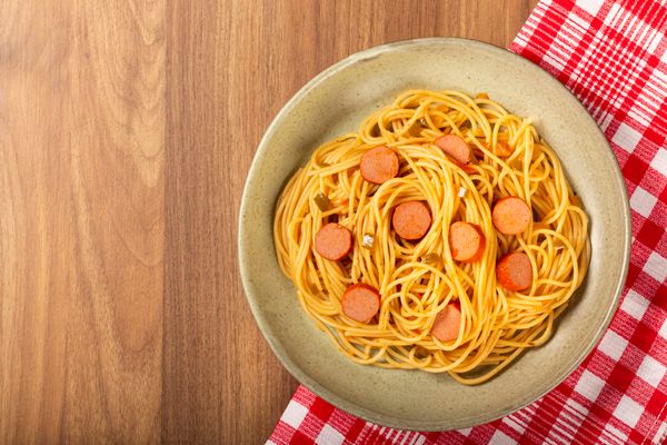 Jollibee spaghetti — pasta with sliced hot dogs and tomato sauce
