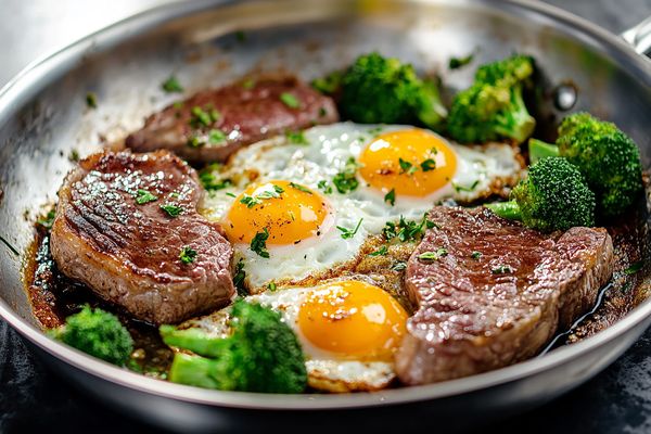 Steak and eggs in a skillet
