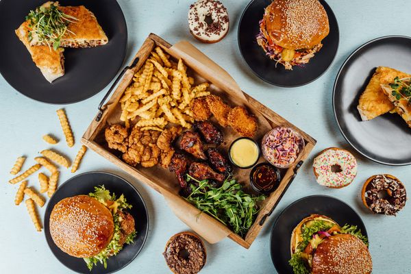 Fast food meal with burgers and fries