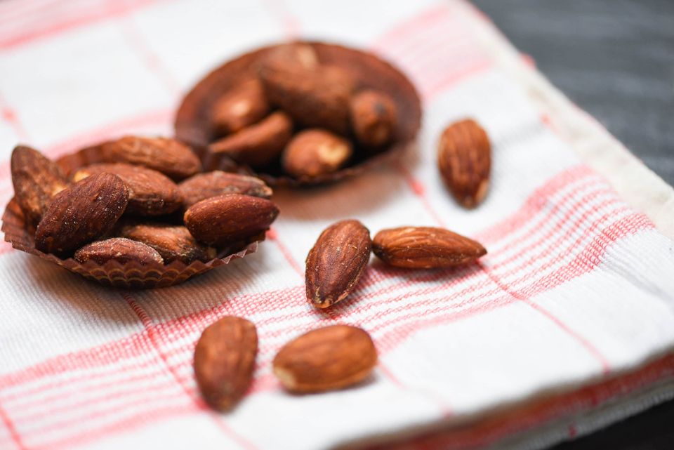 Tamari almonds roasted on a tablecloth