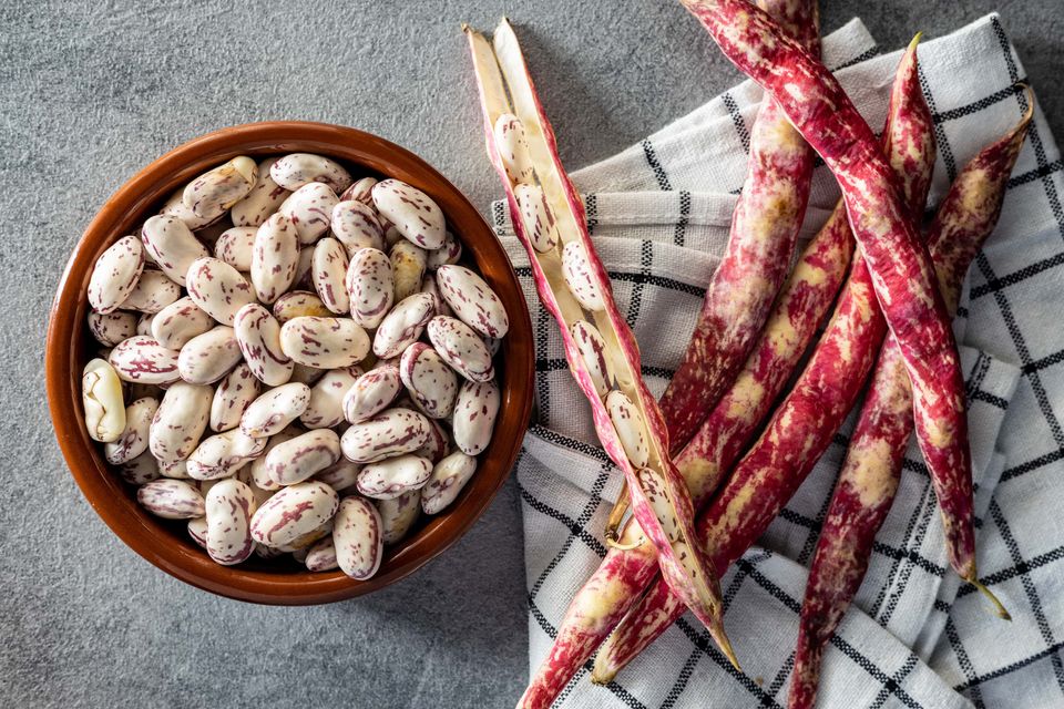 Cranberry beans — Borlotti beans in bowl and beans pods