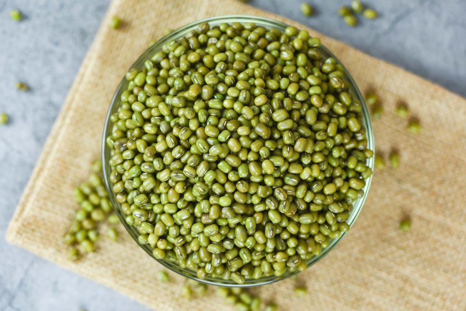 Green mung beans (green grams) in a bowl