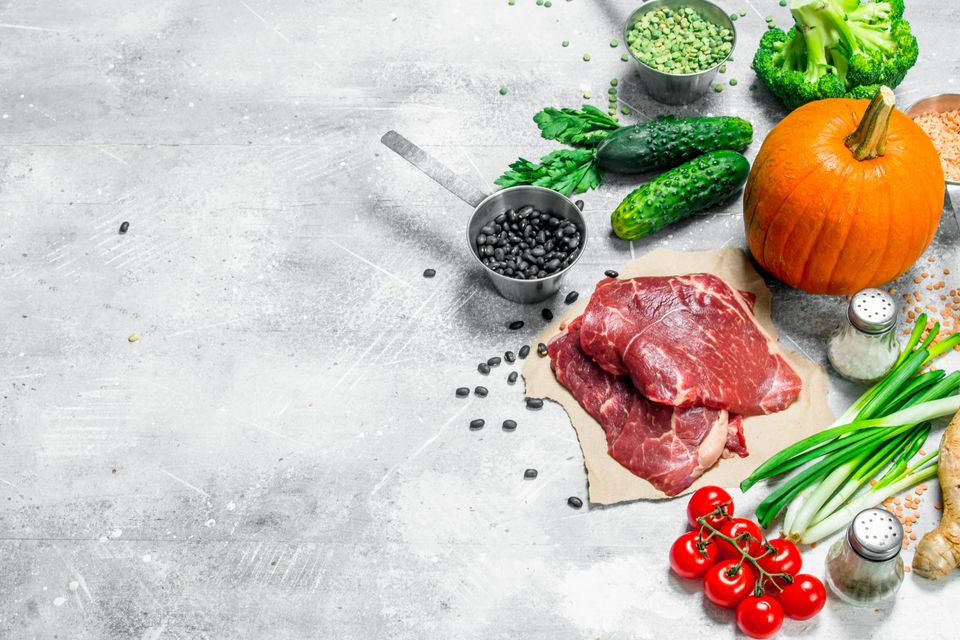 Healthy foods — lean beef, seeds, legumes, and leafy vegetables