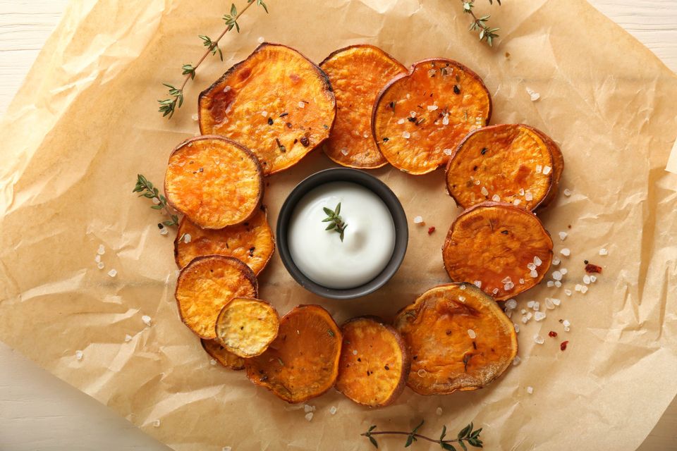 Homemade sweet potato chips with mayo sauce
