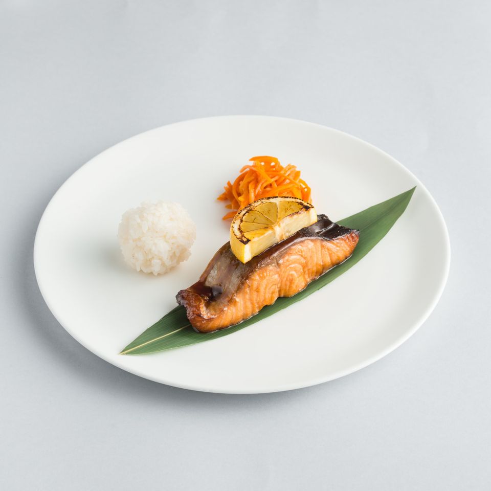 Japanese salmon lunch on a white plate
