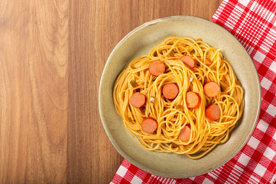 Jollibee spaghetti — pasta with sliced hot dogs and tomato sauce