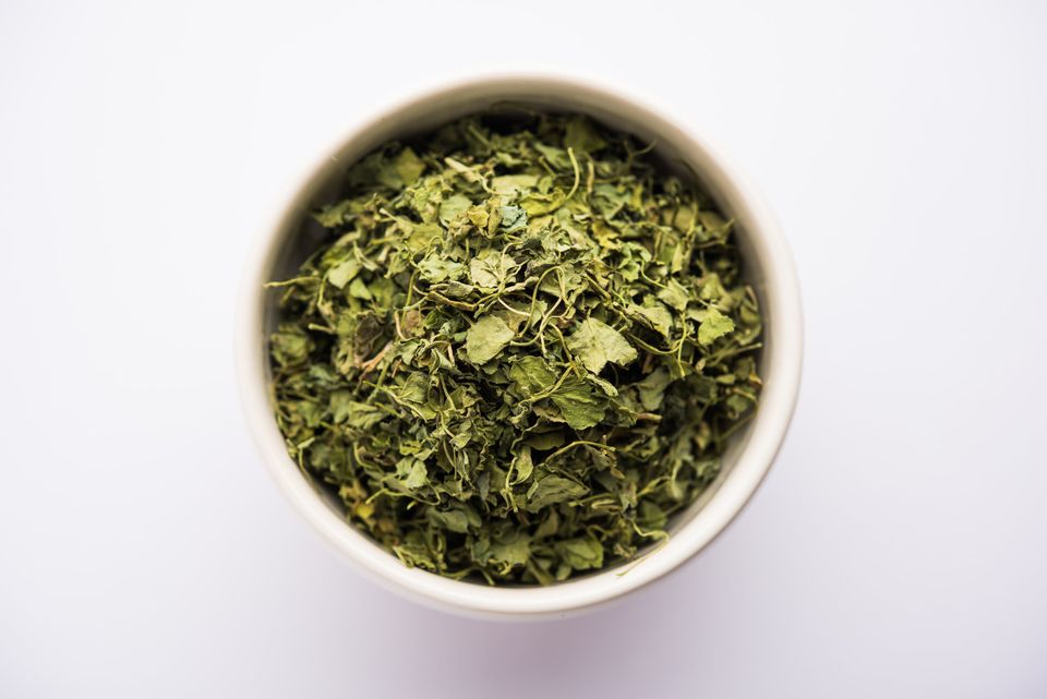 Kasuri Methi or dried fenugreek leaves also known as Trigonella Foenum Graecum in a bowl