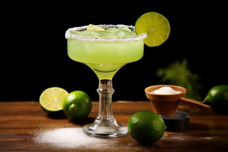Key lime margarita with ice and lime slice in a salt-rimmed glass