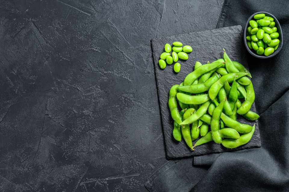 Raw green edamame soybeans