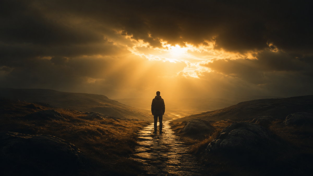 A solitary person standing on a dark path beneath golden light breaking through the clouds.
