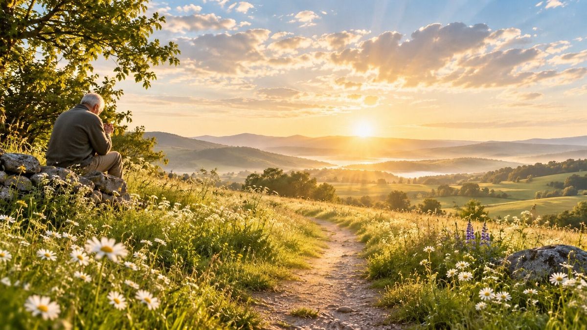 An elderly man praying on rocks beside a bright meadow path at sunrise.
